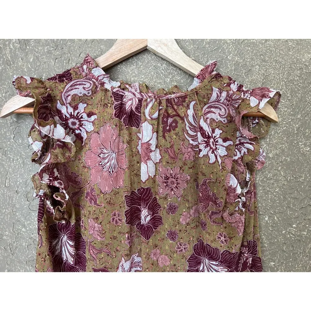 Joie Floral Ruffle Sleeve Blouse Textured Chiffon Boho Brown Pink White Size XS